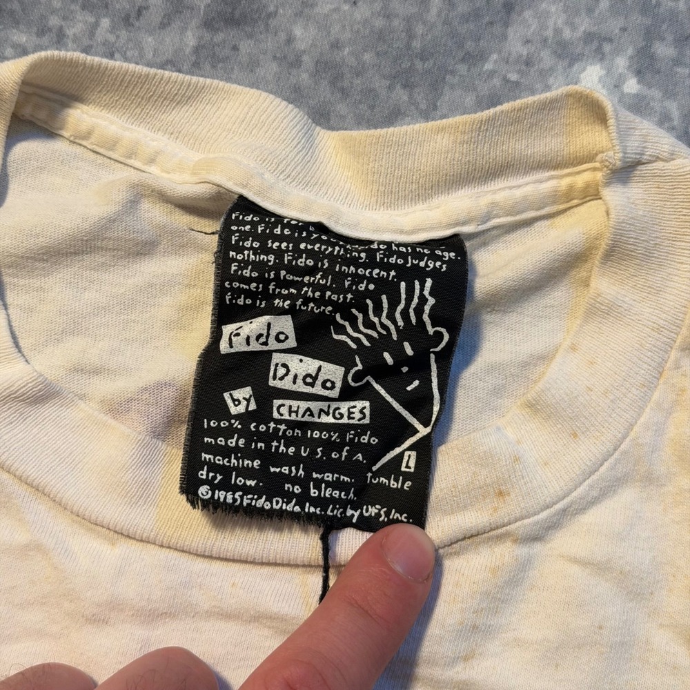 Vintage 1985 Fido Dido Peace of Mind T-Shirt Changes Tag Mens Large Cream Purple - Picture 3 of 9
